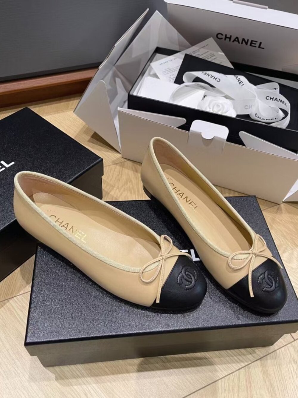 Chanel Two‑Tone Lambskin Bow Ballet Flat Shoes